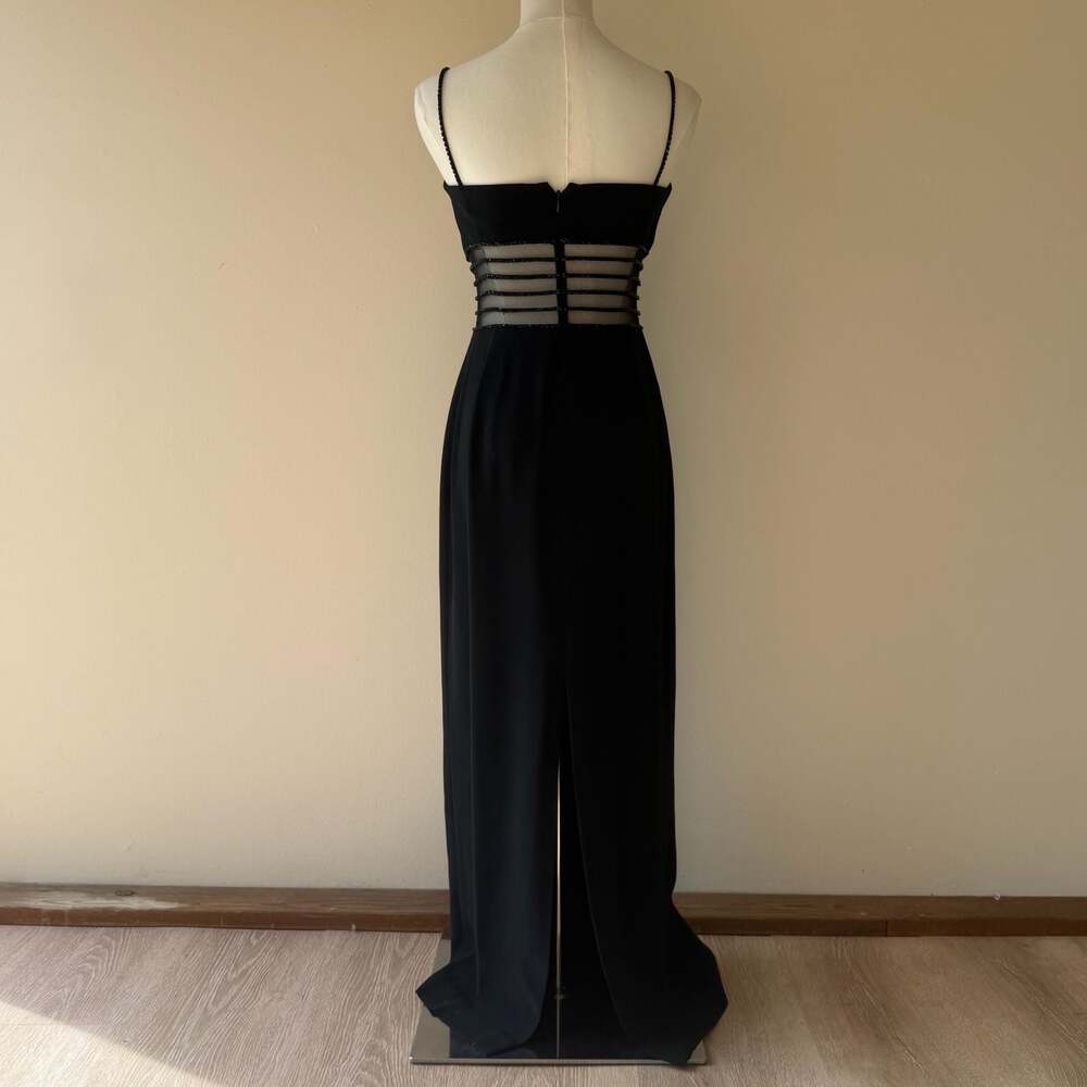 Vintage Caché Black Beaded Mesh Waist Cutout Formal Evening Gown Dress